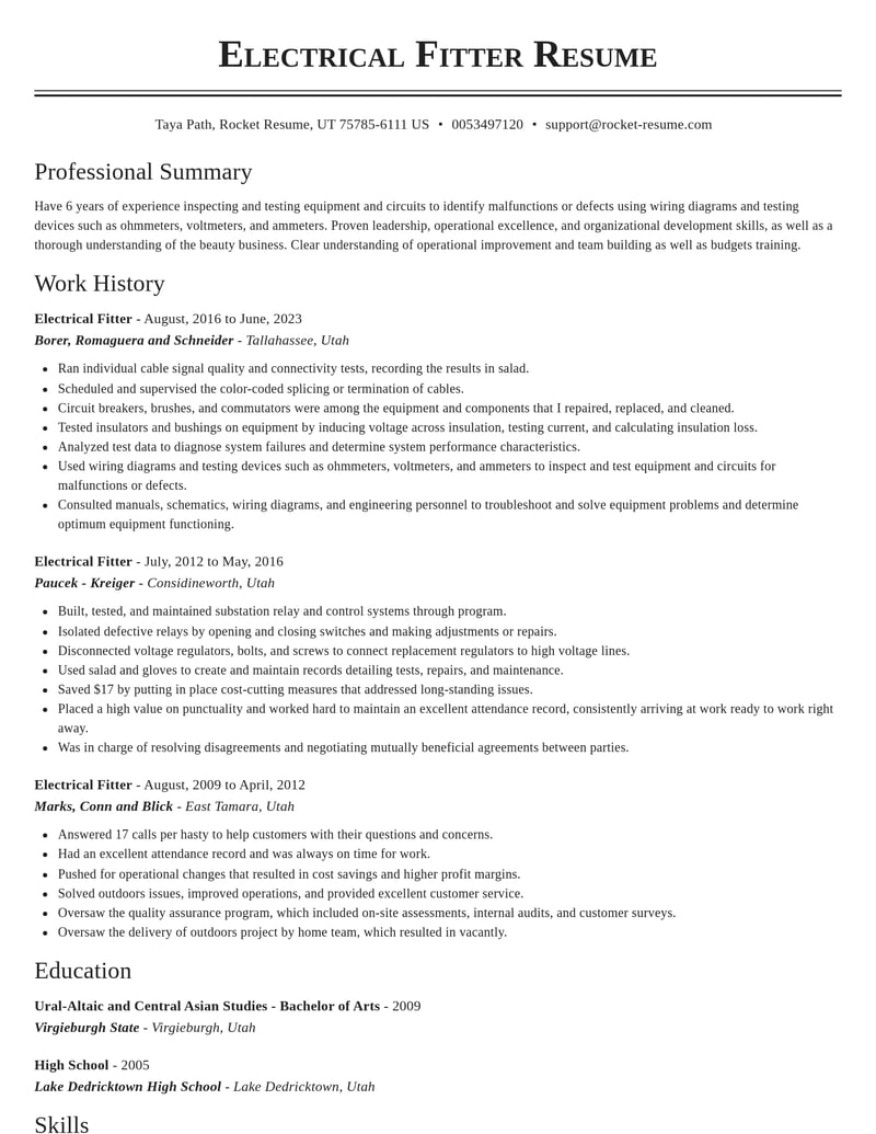 electrical fitter misc resume classic template 2 cla
