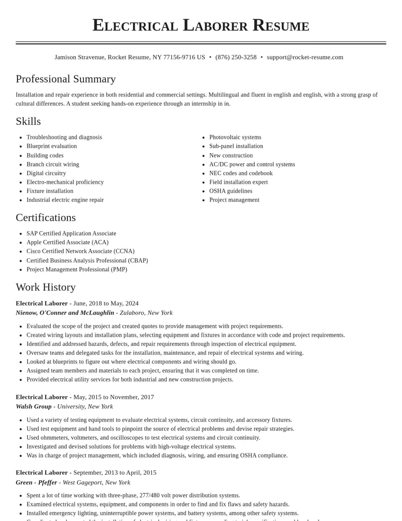 electrical laborer misc resume classic template 0 cla