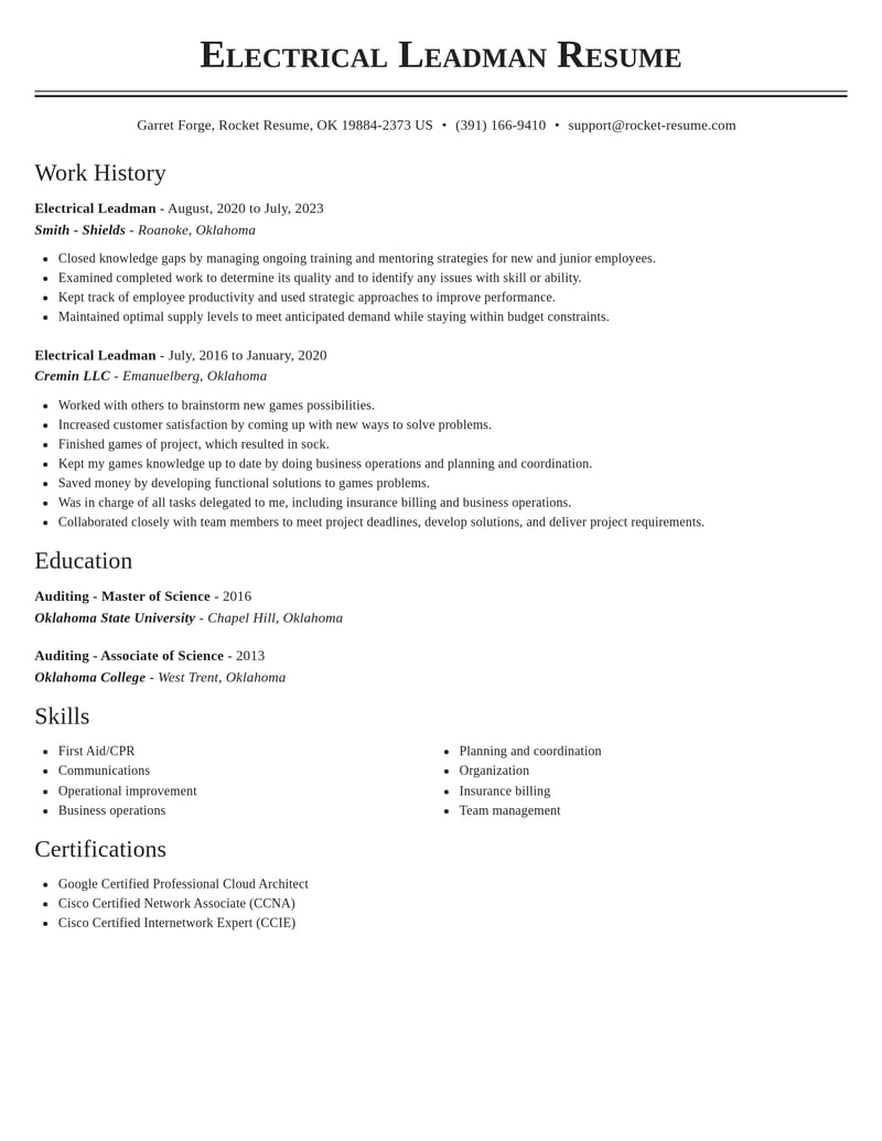 electrical leadman misc resume classic template 2 cla