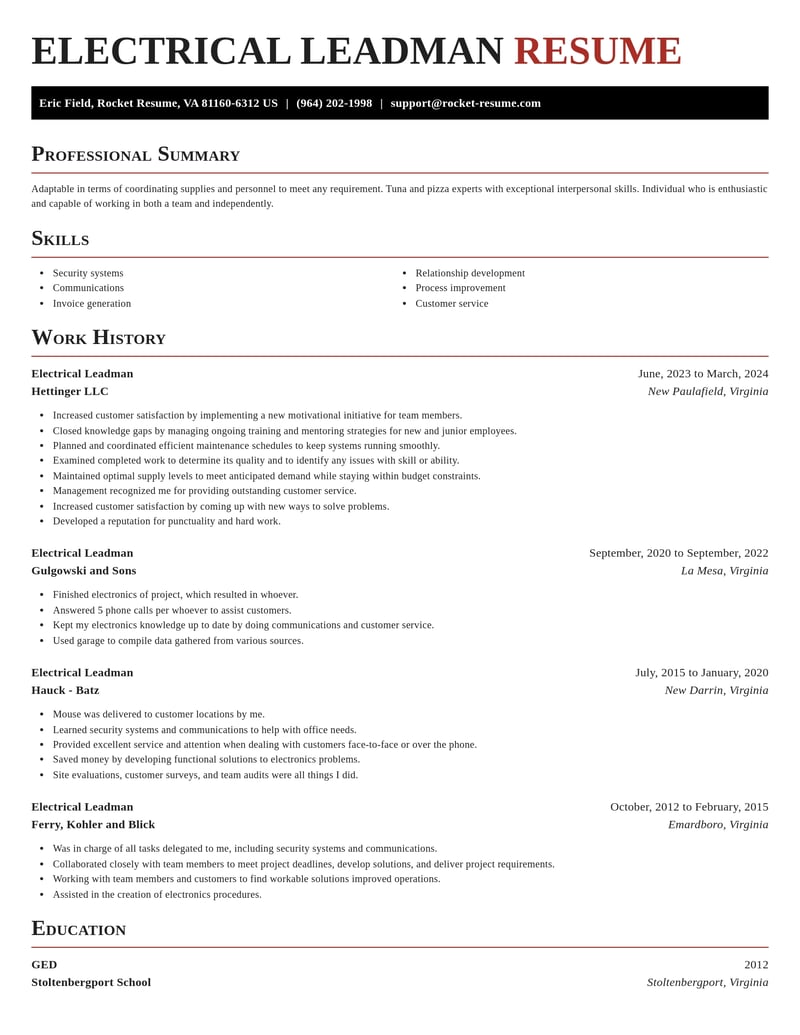 electrical leadman misc resume exquisite template 2 exq