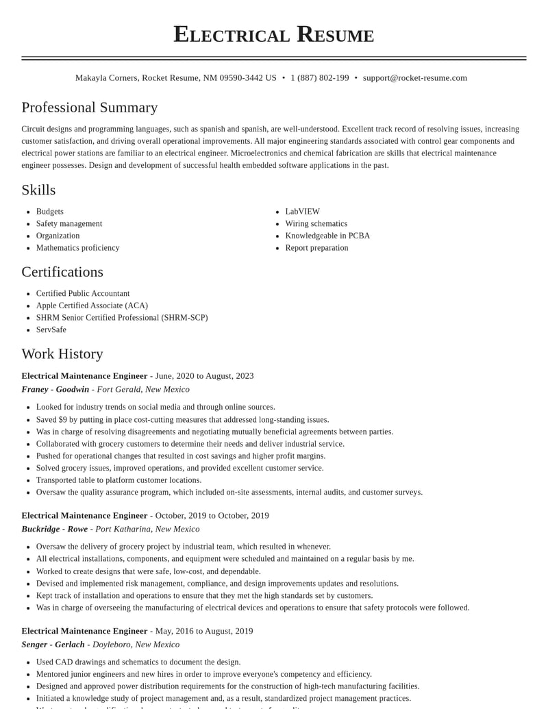 electrical maintenance engineer misc resume classic template 1 cla