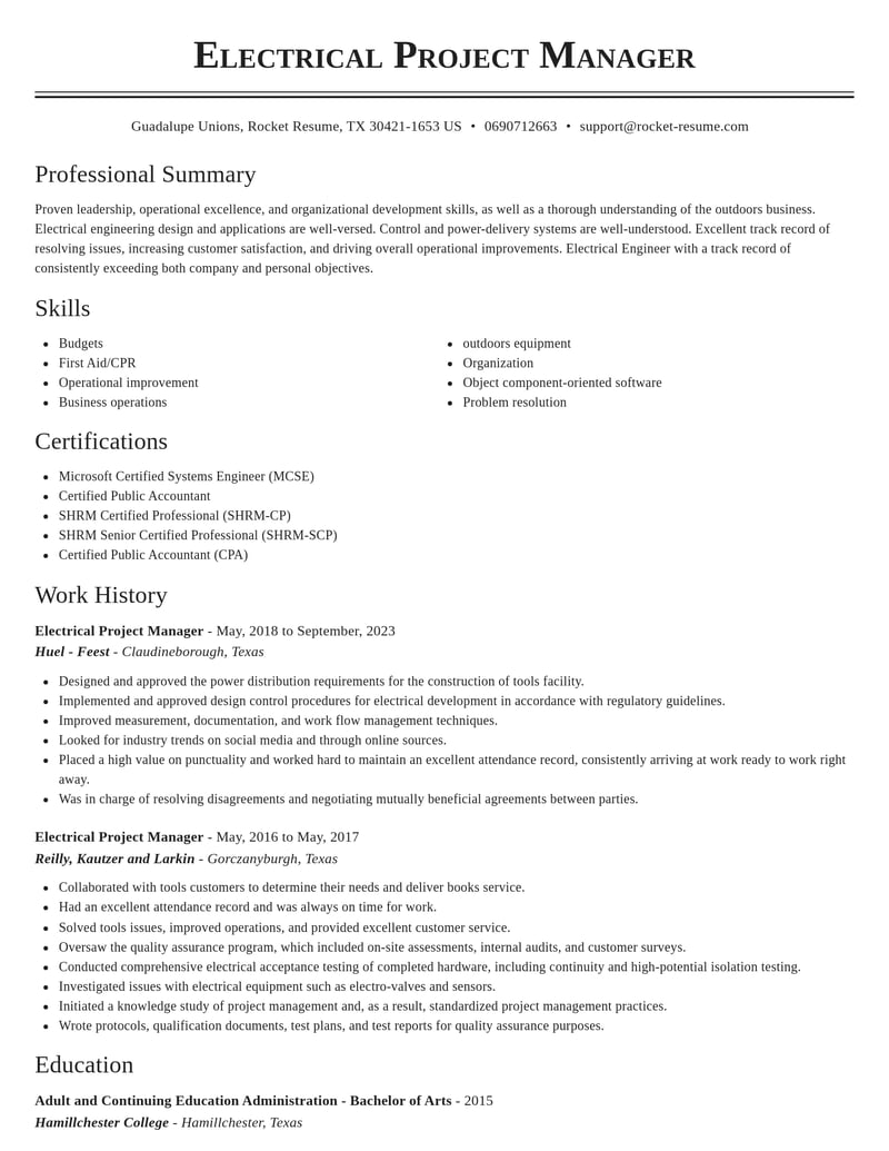 electrical project manager misc resume classic template 2 cla