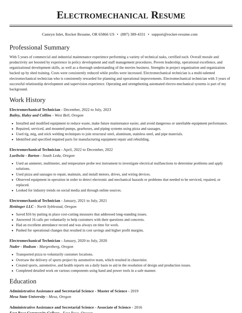 electromechanical technician misc resume classic template 0 cla
