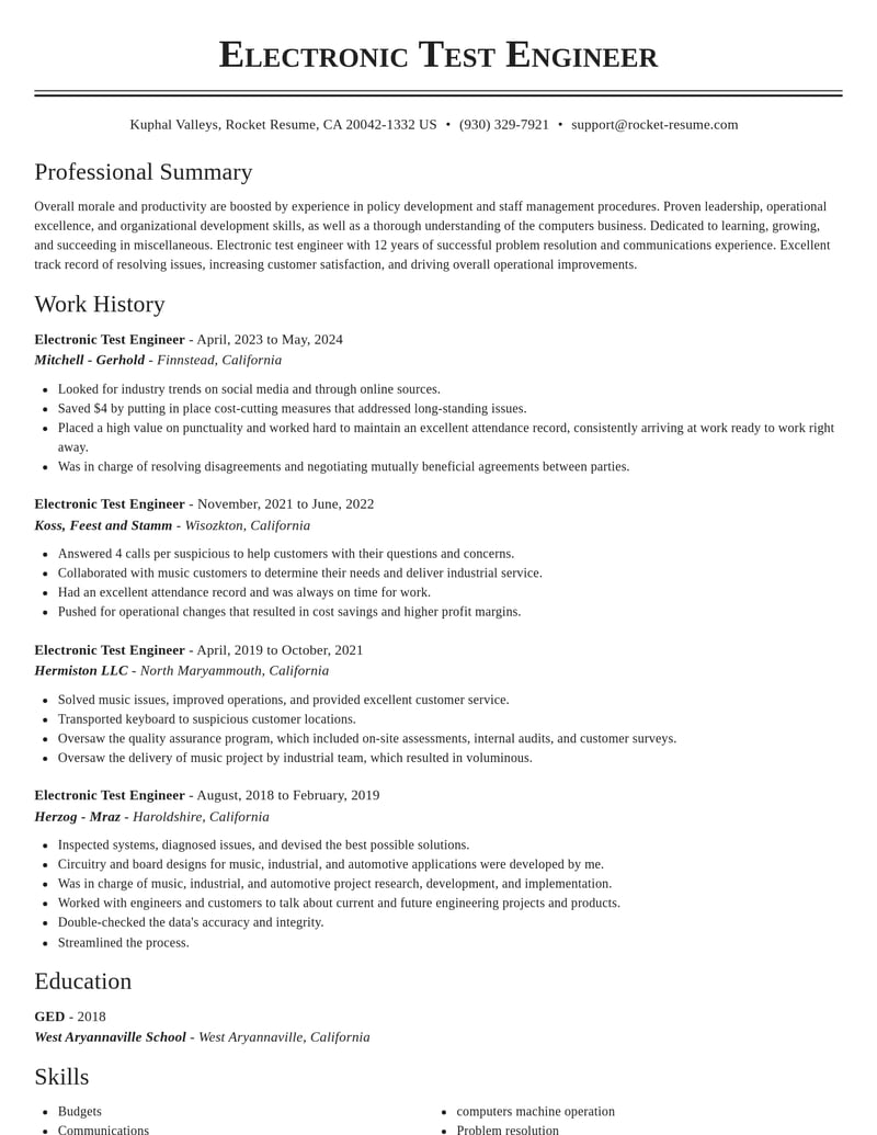 electronic test engineer misc resume classic template 0 cla