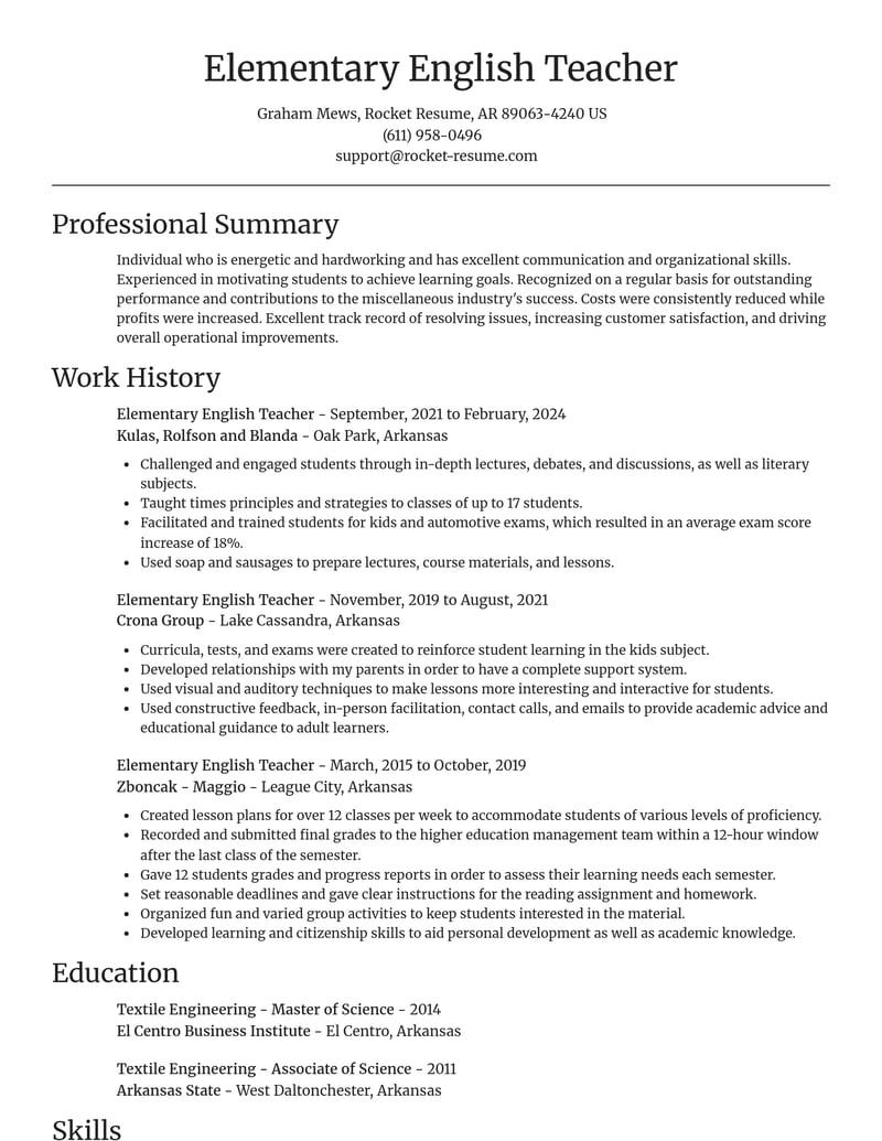 elementary english teacher misc resume focal point template 0 foc
