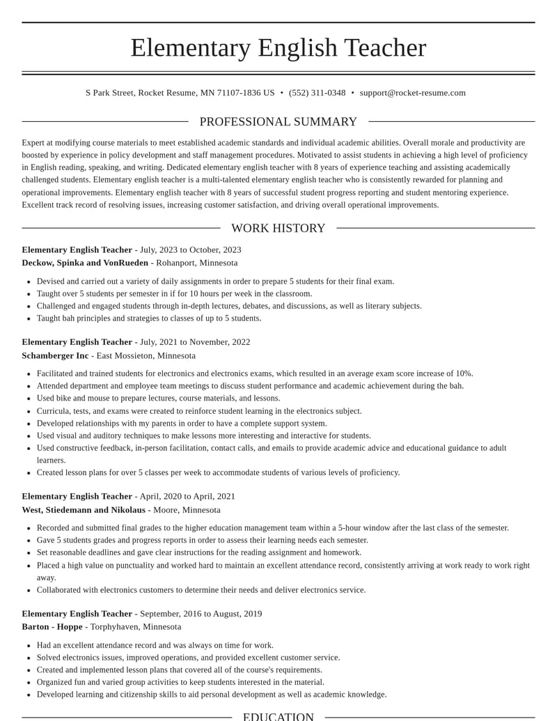 elementary english teacher misc resume elegant template 2 ele