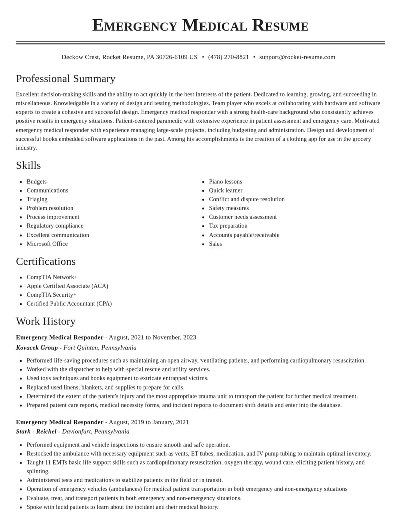 emergency medical responder misc resume classic template 2 cla