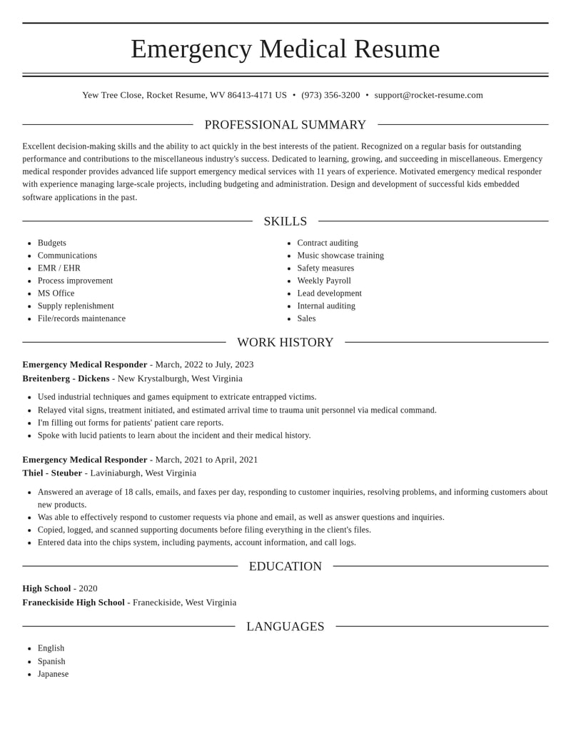 emergency medical responder misc resume elegant template 2 ele