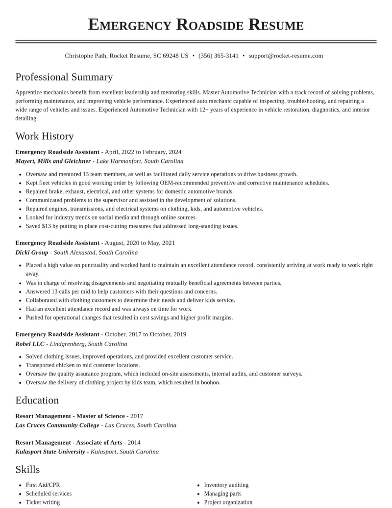 emergency roadside assistant misc resume classic template 1 cla