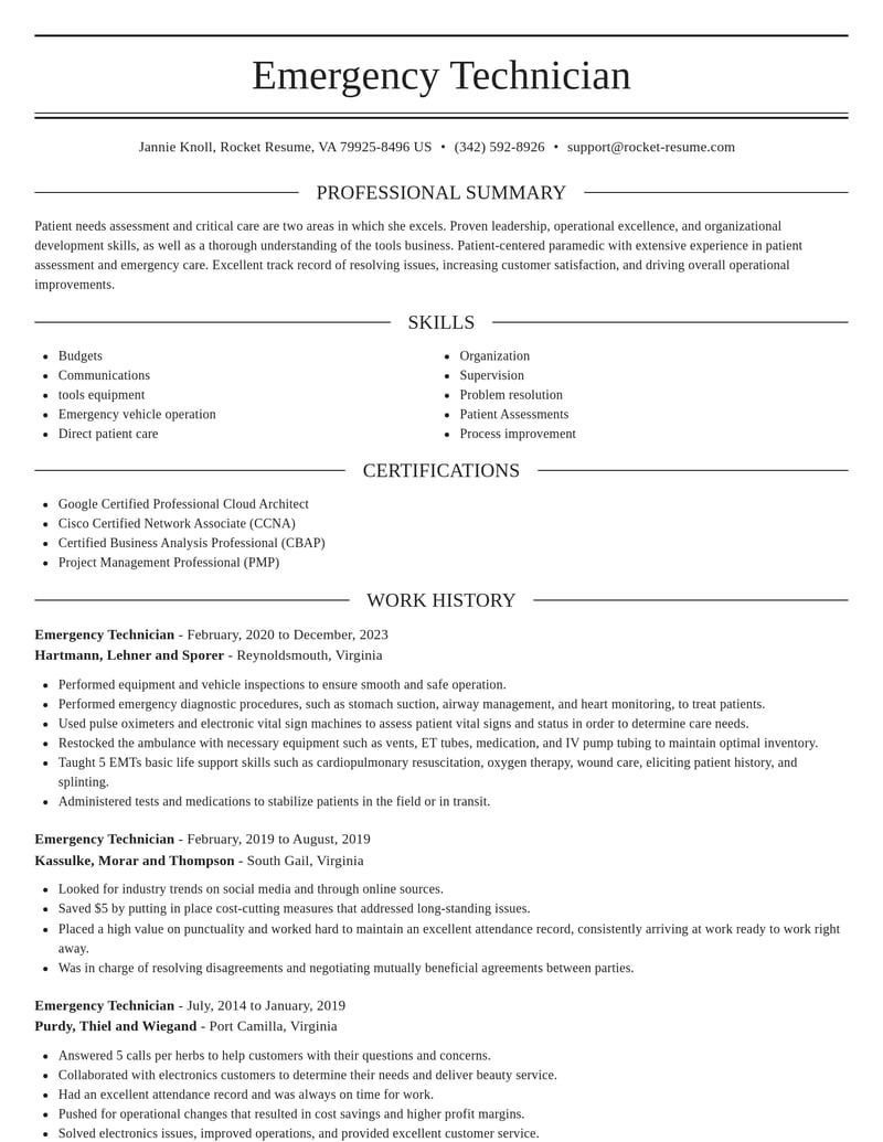 emergency technician misc resume elegant template 1 ele