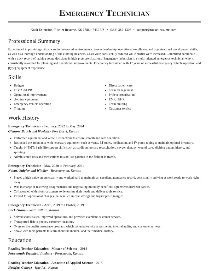 emergency technician misc resume classic template 2 cla