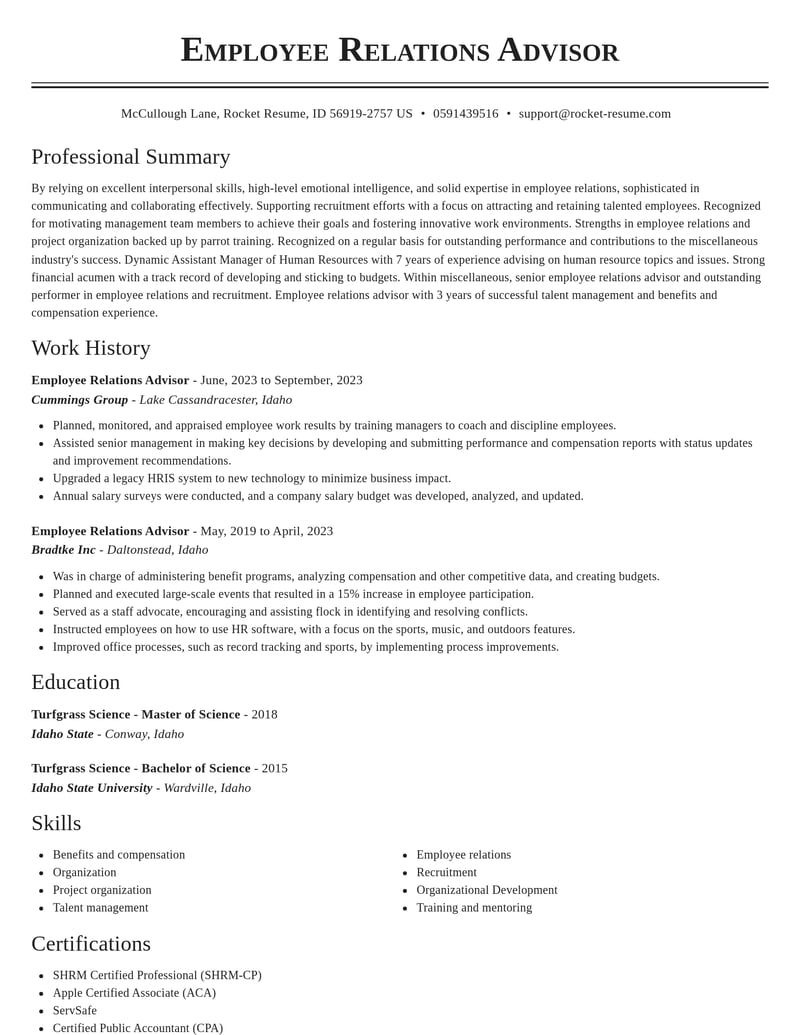 employee relations advisor misc resume classic template 2 cla