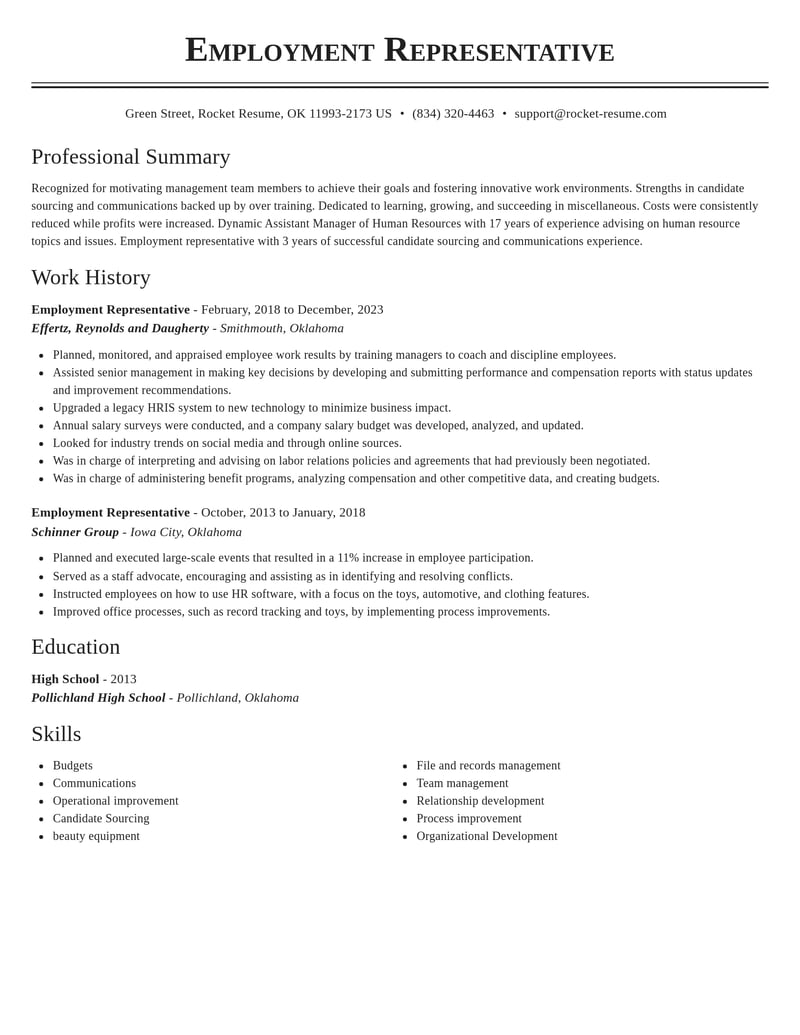 employment representative misc resume classic template 2 cla