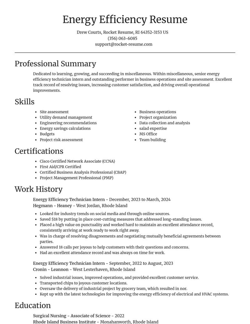 energy efficiency technician intern misc resume focal point template 1 foc
