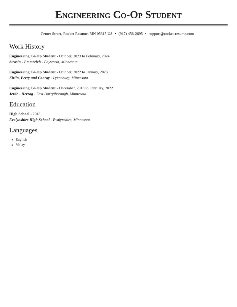 engineering co op student misc resume classic template 0 cla