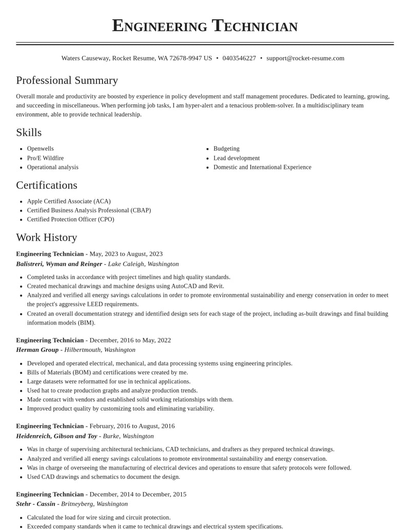 engineering technician misc resume classic template 2 cla