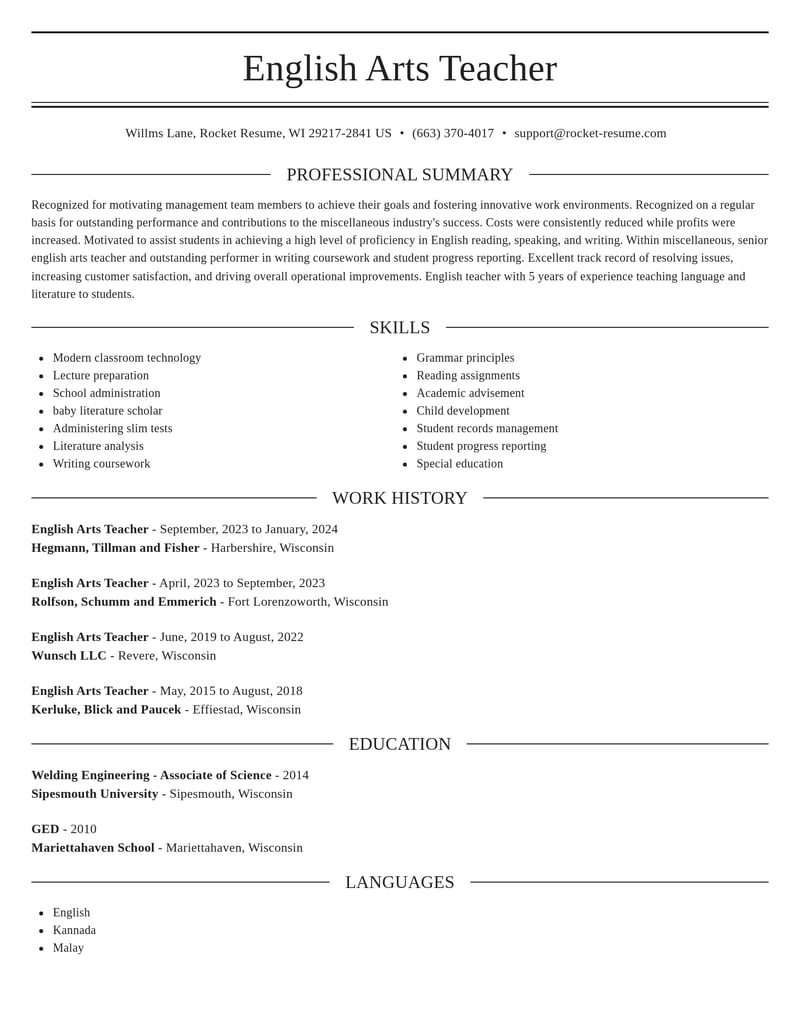 english arts teacher misc resume elegant template 0 ele