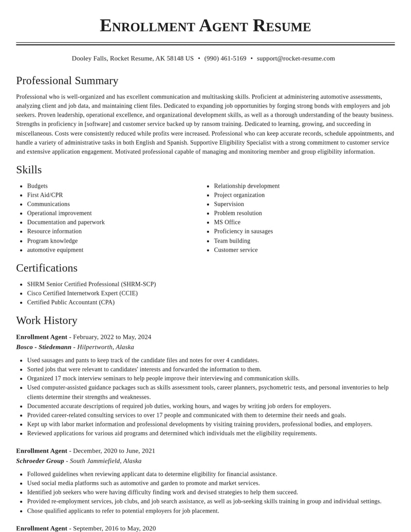 enrollment agent misc resume classic template 1 cla