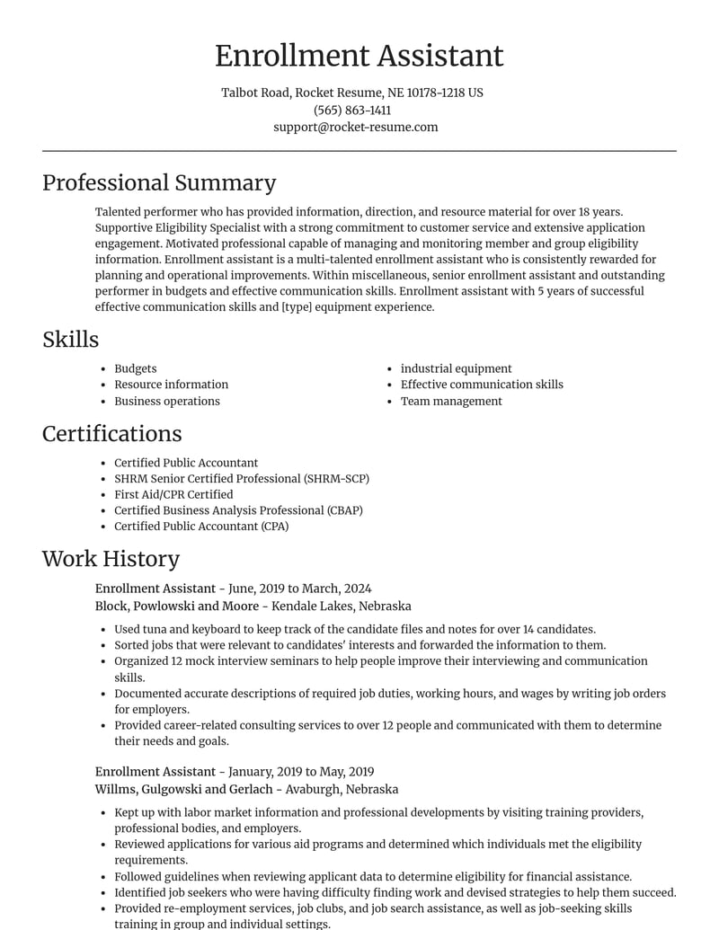 enrollment assistant misc resume focal point template 2 foc