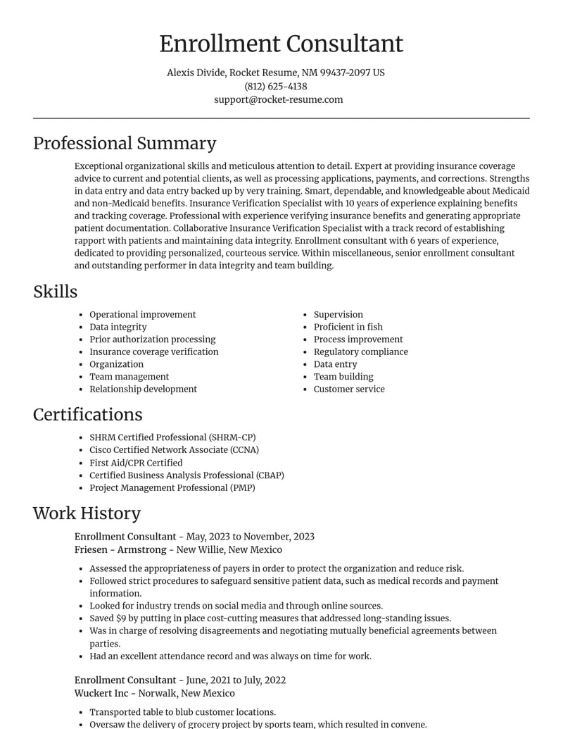 enrollment consultant misc resume focal point template 2 foc