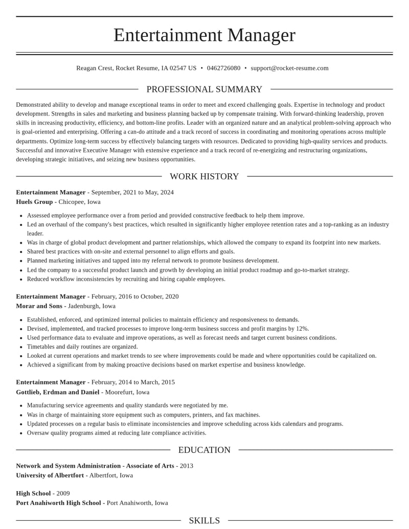entertainment manager misc resume elegant template 0 ele