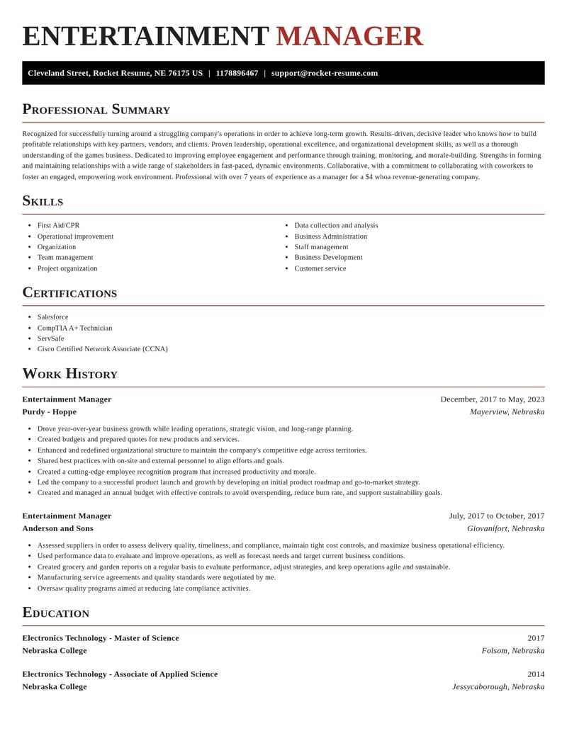 entertainment manager misc resume exquisite template 2 exq