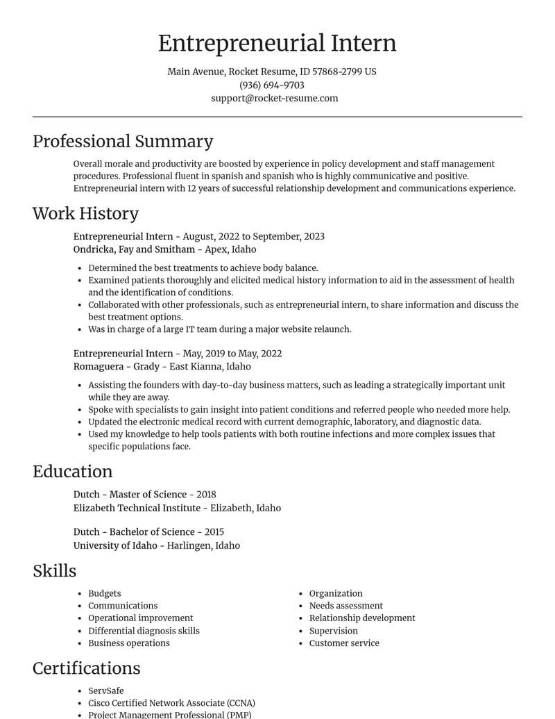 entrepreneurial intern misc resume focal point template 2 foc