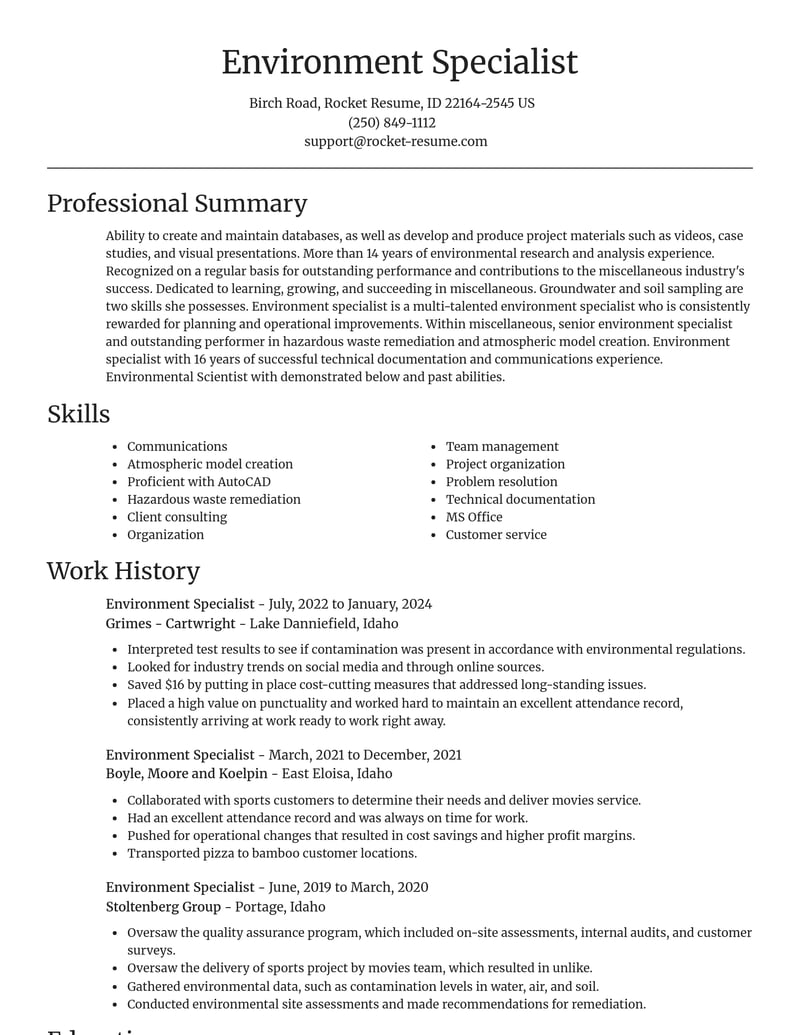 environment specialist misc resume focal point template 0 foc