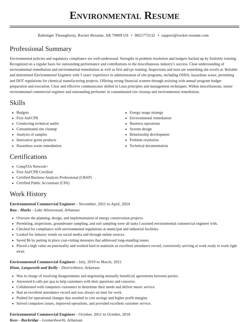 environmental commercial engineer misc resume classic template 2 cla