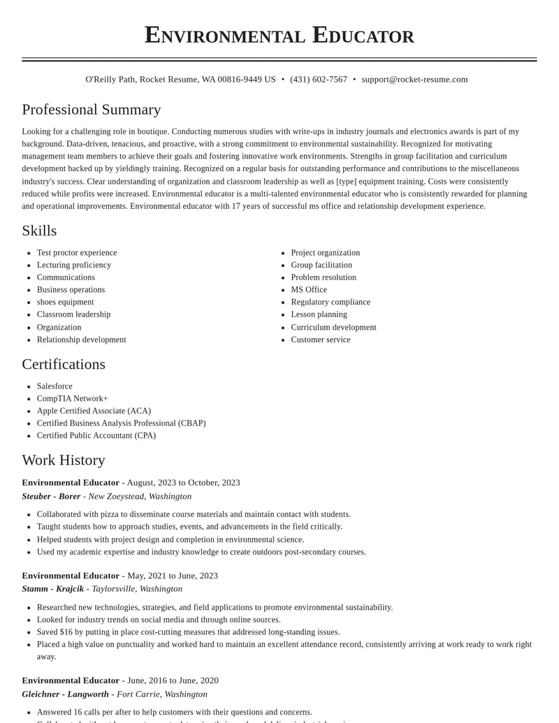 environmental educator misc resume classic template 2 cla