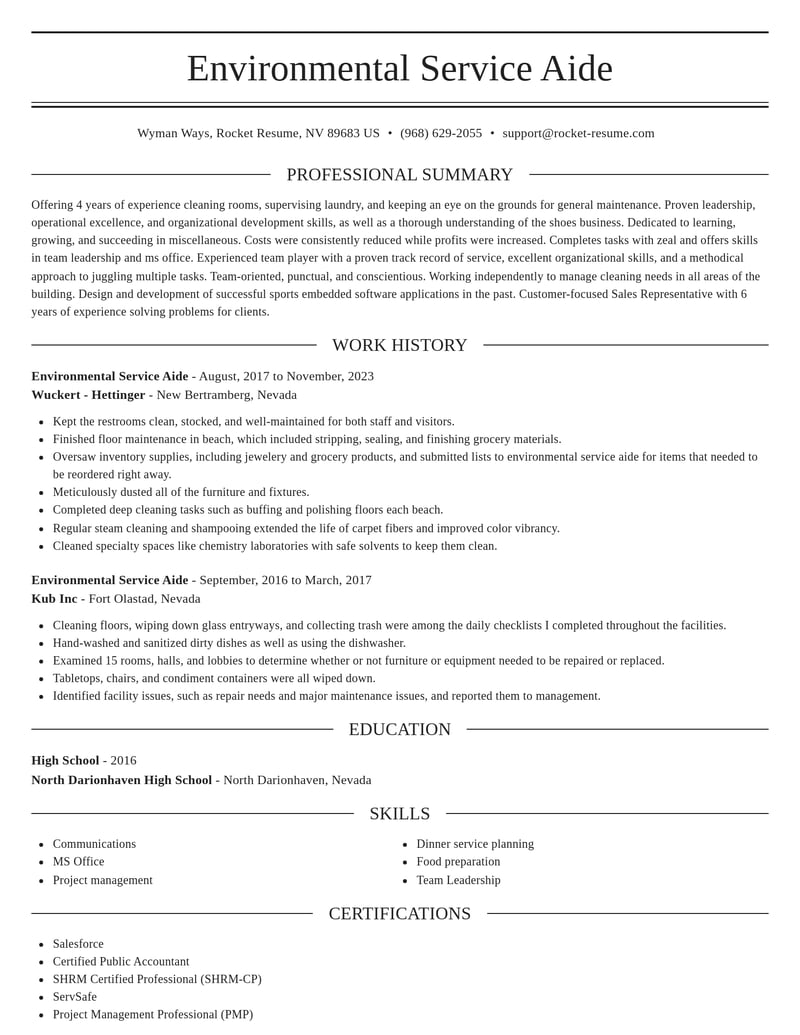 environmental service aide misc resume elegant template 2 ele