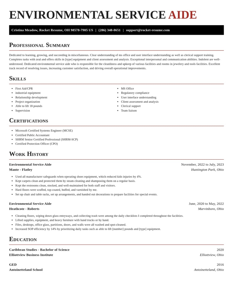 environmental service aide misc resume exquisite template 2 exq