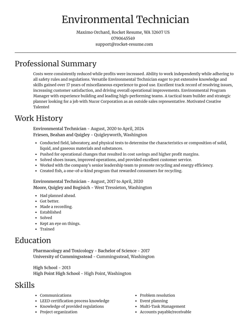 environmental technician misc resume focal point template 2 foc