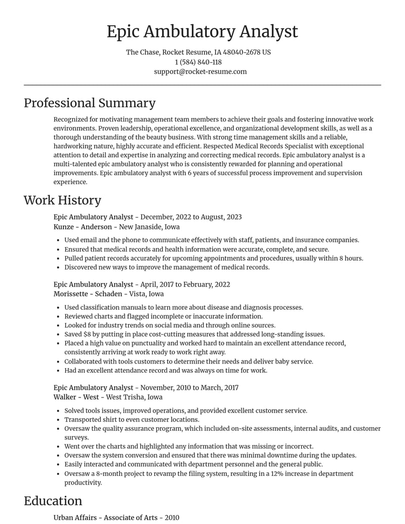 epic ambulatory analyst misc resume focal point template 0 foc