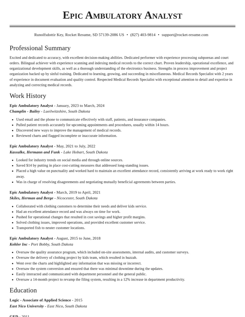epic ambulatory analyst misc resume classic template 1 cla