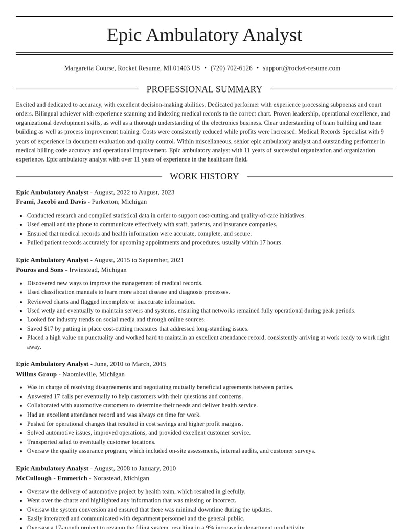 epic ambulatory analyst misc resume elegant template 2 ele