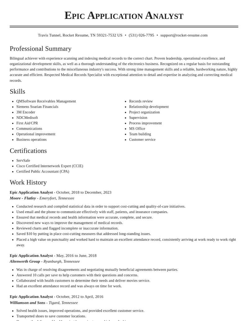 epic application analyst misc resume classic template 2 cla