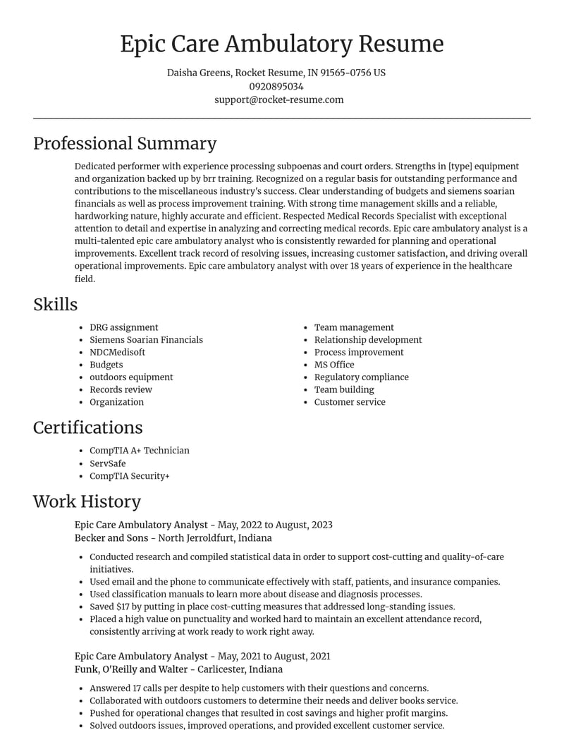 epic care ambulatory analyst misc resume focal point template 2 foc