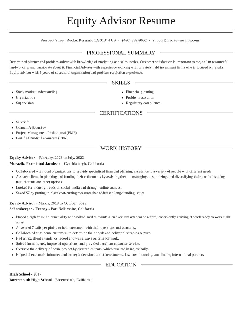 equity advisor misc resume elegant template 2 ele
