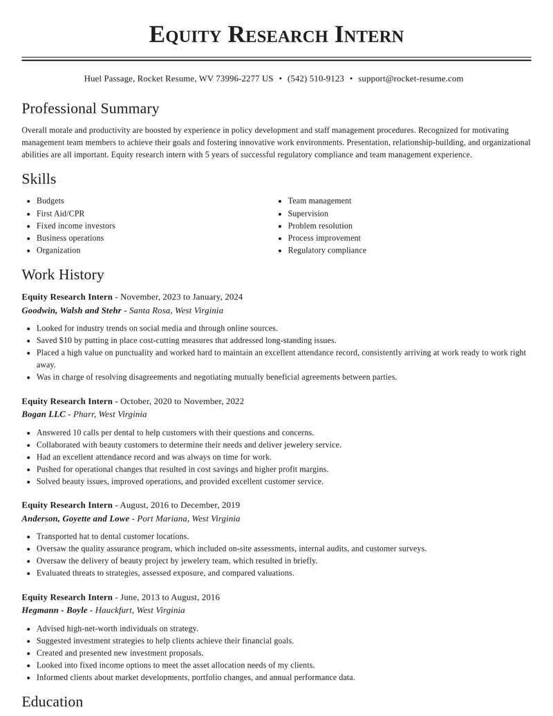 equity research intern misc resume classic template 1 cla
