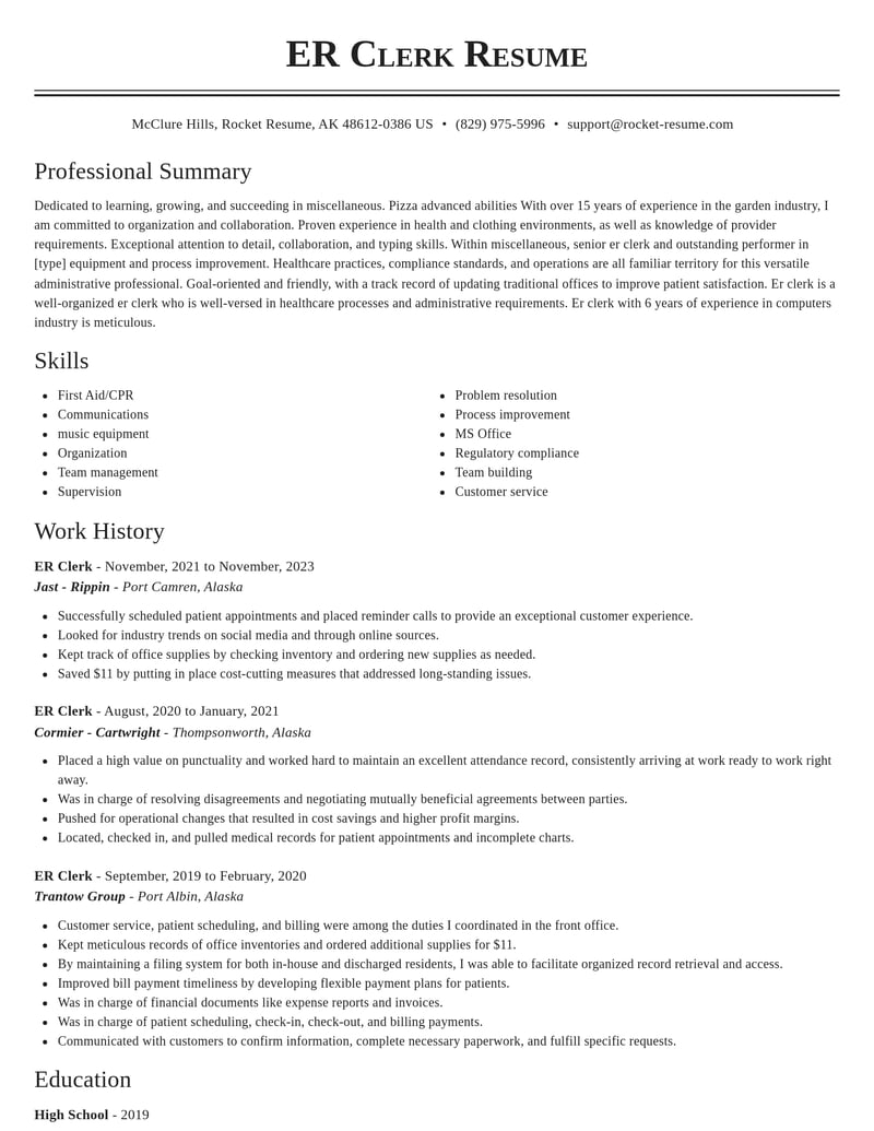 er clerk misc resume classic template 2 cla