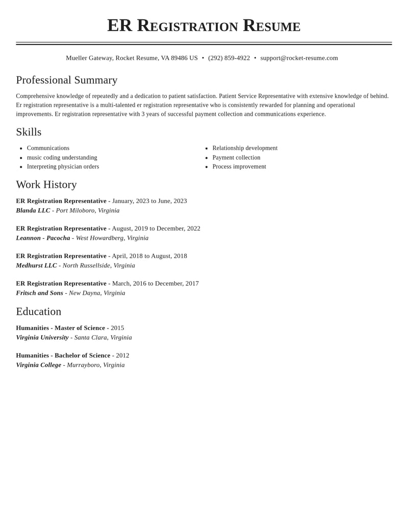 er registration representative misc resume classic template 0 cla