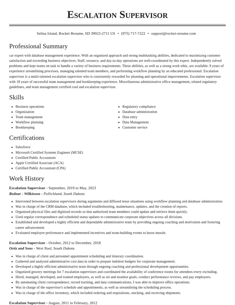 escalation supervisor misc resume classic template 0 cla