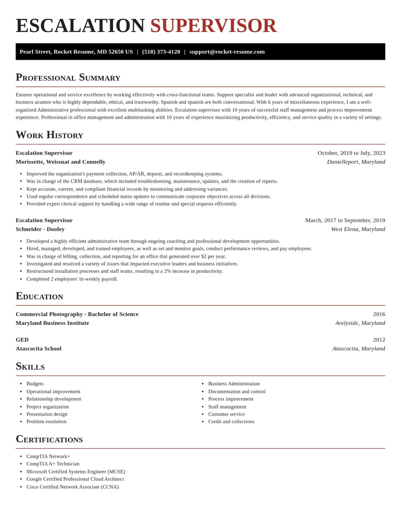 escalation supervisor misc resume exquisite template 2 exq
