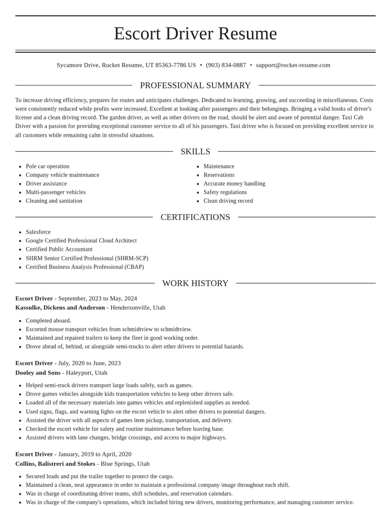 escort driver misc resume elegant template 0 ele
