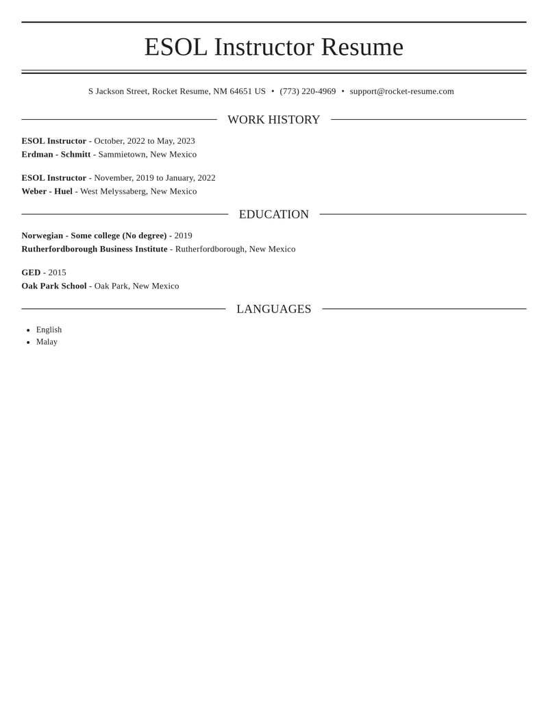 esol instructor misc resume elegant template 2 ele