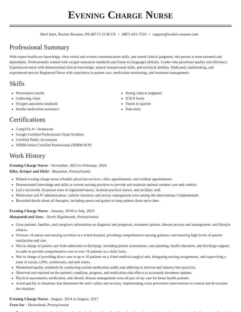 evening charge nurse misc resume classic template 0 cla