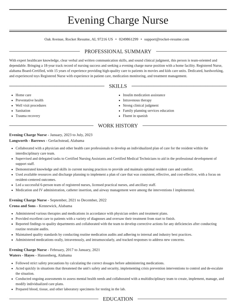 evening charge nurse misc resume elegant template 2 ele