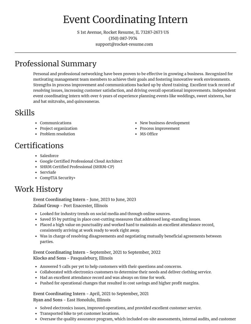 event coordinating intern misc resume focal point template 0 foc