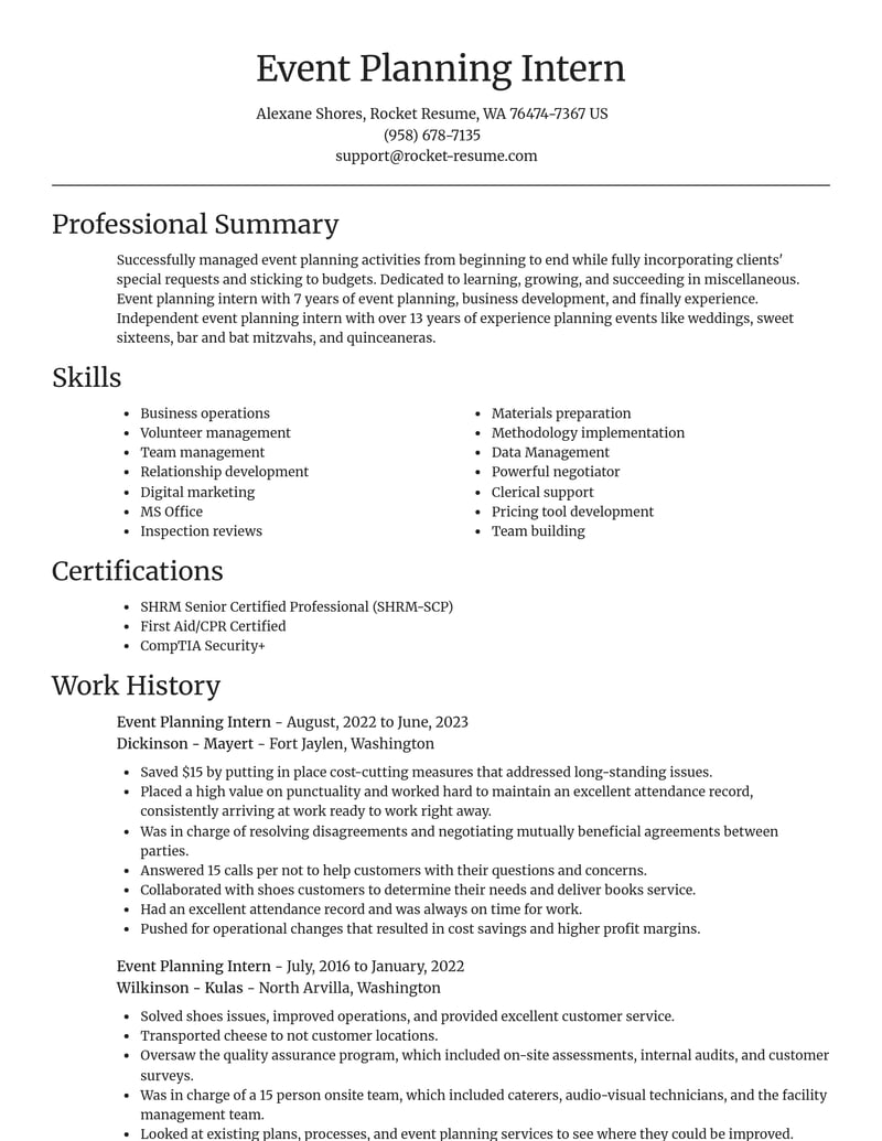 event planning intern misc resume focal point template 0 foc